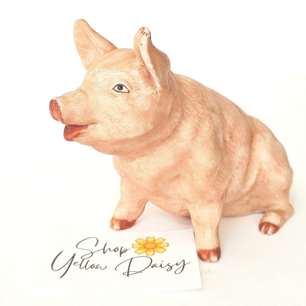 Vintage Royal Crown Ceramic Pig Figurine Matte Pink Farm Animal Decor Statuette